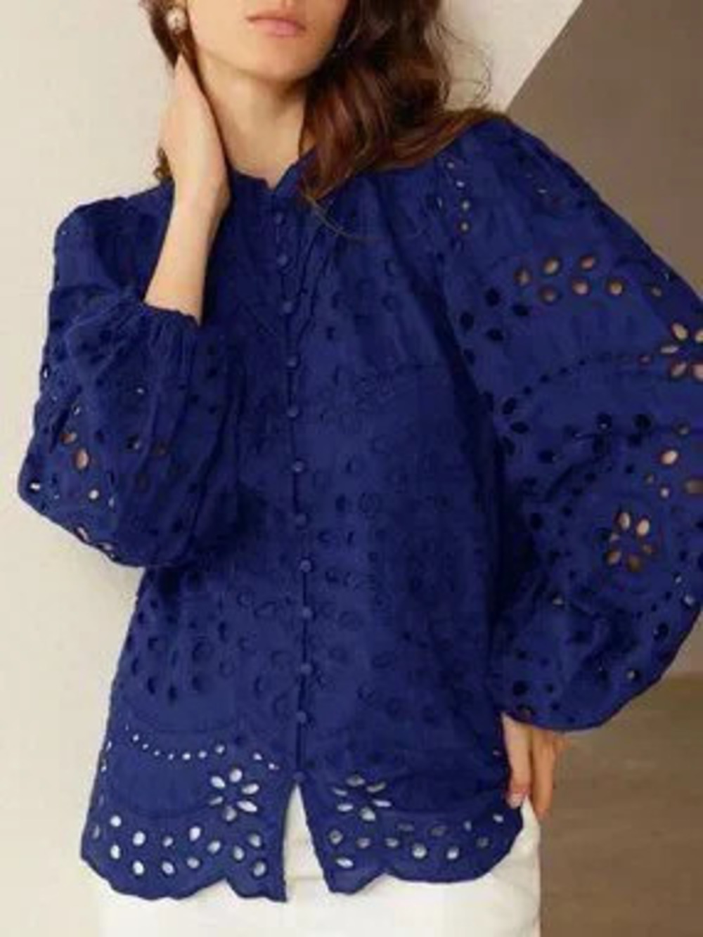 Blue Boho Women's Casual Embroidered Hollow-Out Pleated Front Long Sleeve Blouse